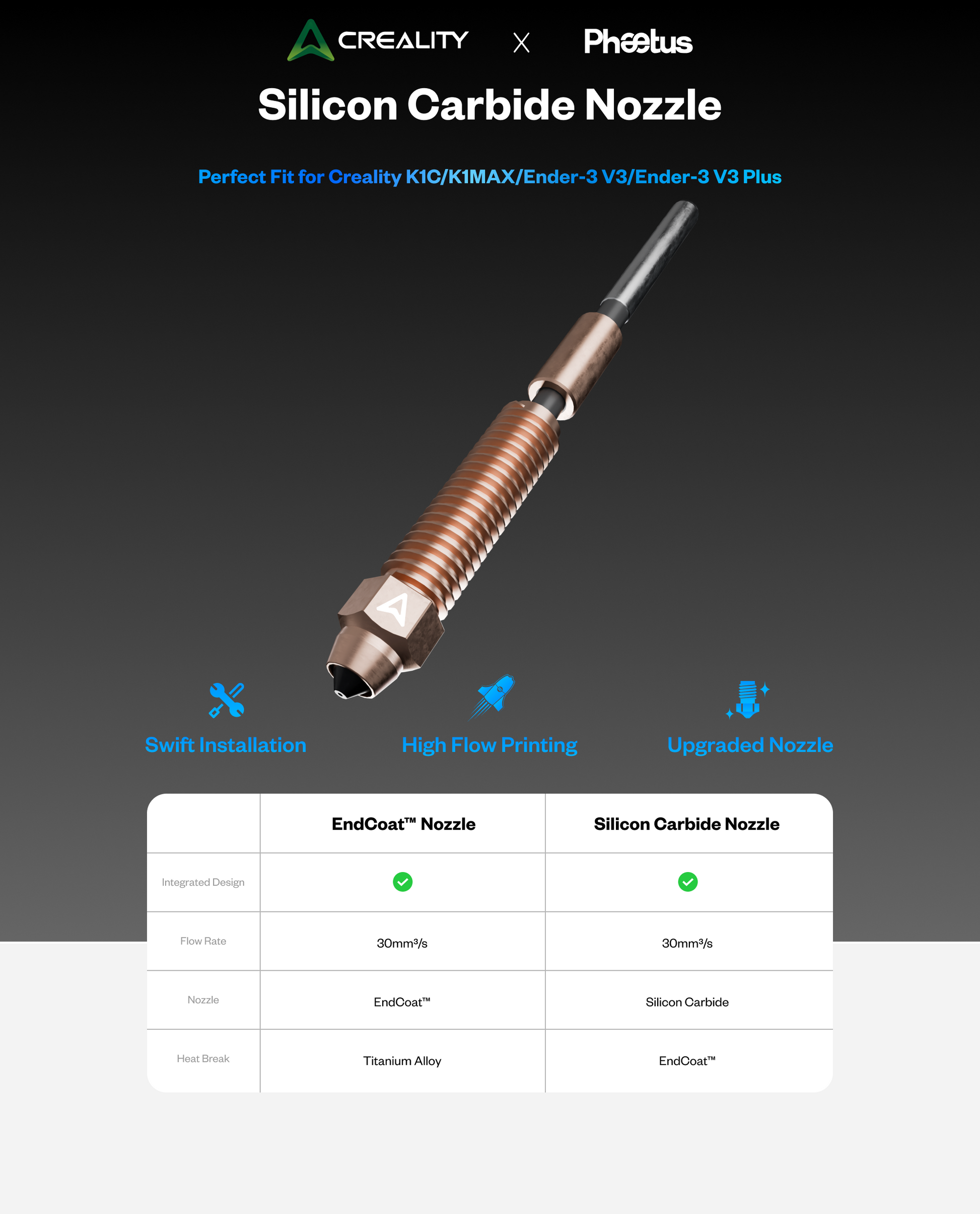 Phaetus Silicon carbide K1C (Creality) integrated nozzle Nozzles - view 3