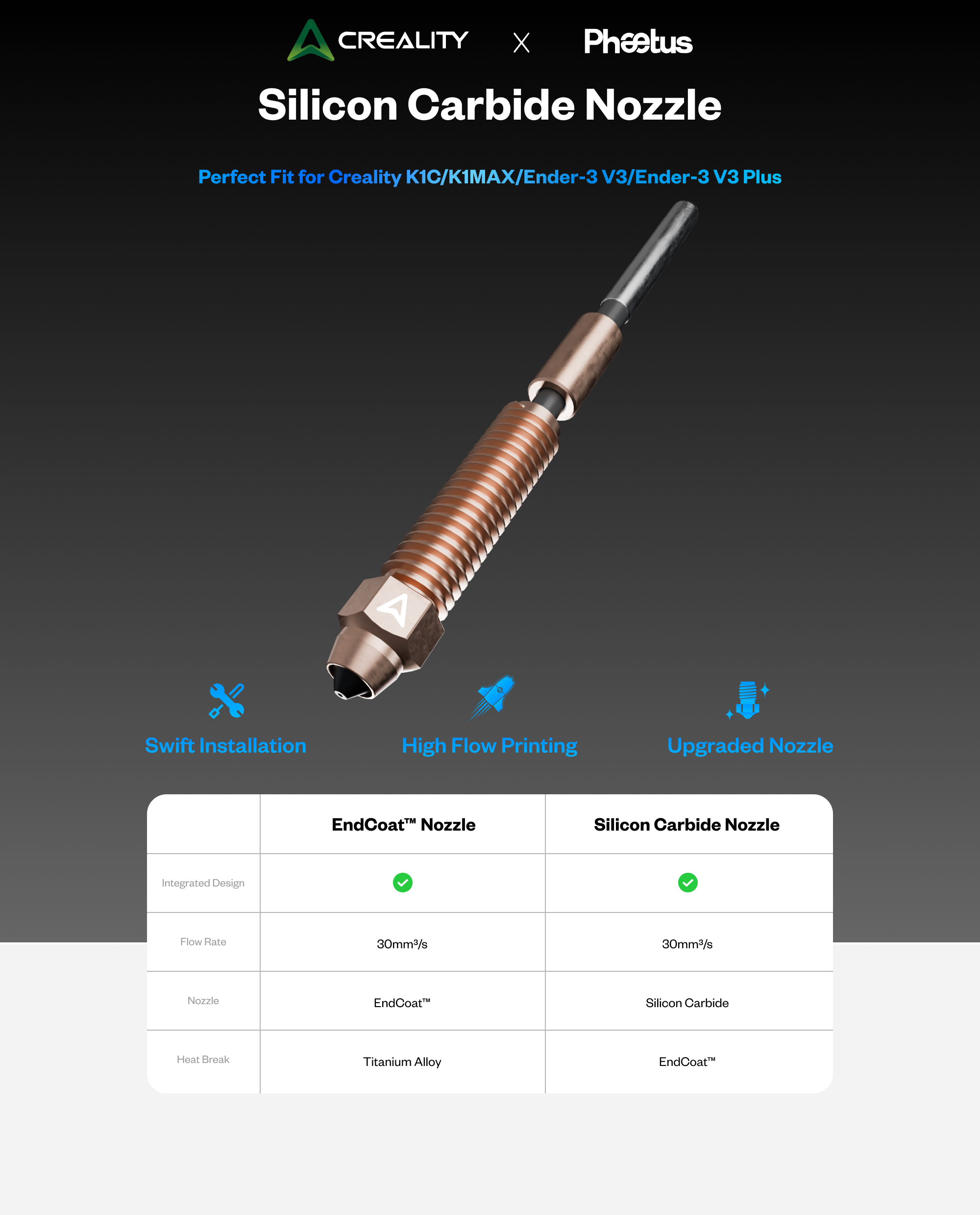 Phaetus Silicon carbide K1C (Creality) integrated nozzle Nozzles - view 3
